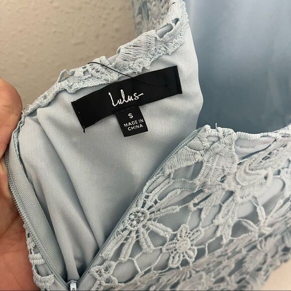 Lulus Romance Language Light Blue Backless Lace Mini Dress - Picture 9 of 12